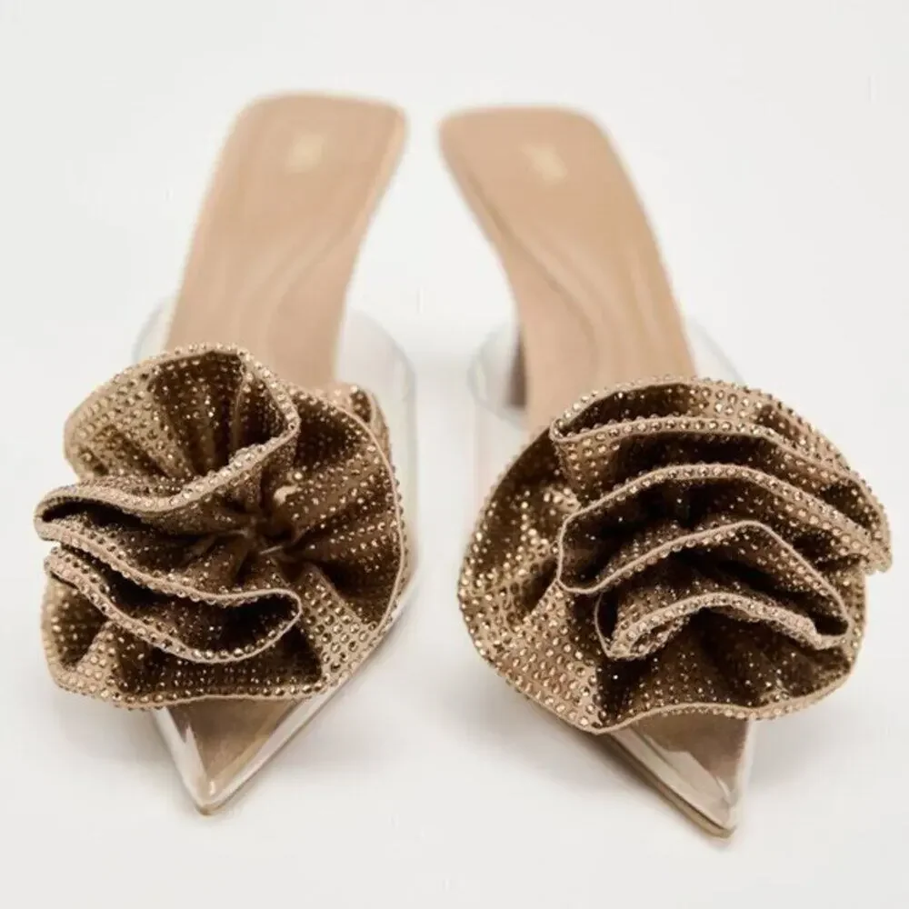 ZARA Floral Rosette Mule Heels NWT Pointed Toe Nude Vinyl Pumps Size 7.5 - Picture 8 of 16